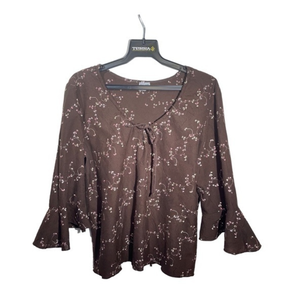 VAMP Womens Blouse Brown Embroidered Bell Sleeve Cottagecore Size Large